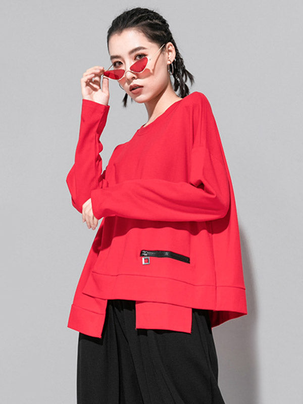 Loose Solid Color Cropped Zipper T-Shirt