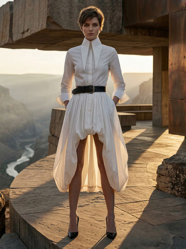 1760577 High Waisted High-Low Belt Buckle Pleated Pockets Solid Color Split-Joint Lapel Midi Dresses