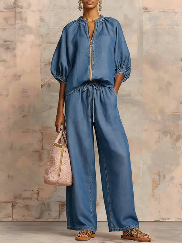 1783213 Half Sleeves Loose Drawstring Elasticity Pockets Solid Color Zipper Round-Neck Blouses&Shirts Tops Pants Trousers Two Pieces Set