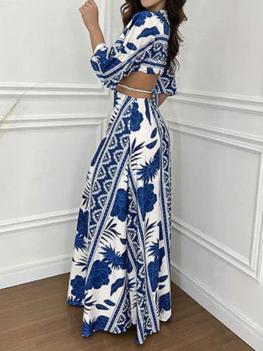 1775692 A-Line Cropped Contrast Color Knot Printed Split-Joint Deep V-Neck Maxi Dresses