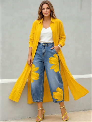 Loose Wide Leg Flower Print No Belt Pockets Jean Pants Bottoms Ninth Pants