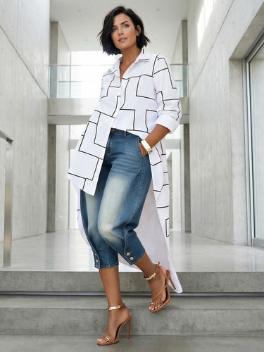 1764171 High Waisted Buttoned Pockets Split-Joint Cropped Trousers Jean Pants Bottoms