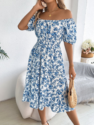 1783911 A-Line Short Sleeves Contrast Color Elasticity Flower Print Ruffle Trim Split-Joint Square-Neck Midi Dresses