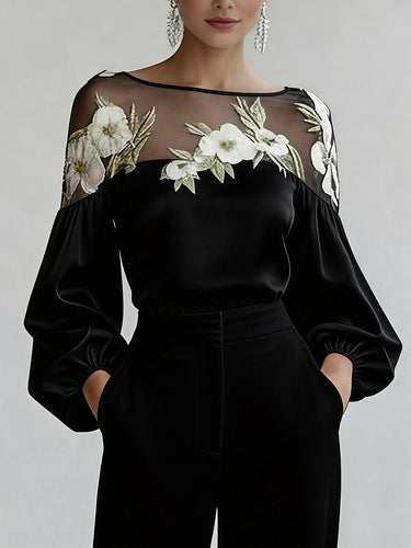 Loose Puff Sleeves Applique Flower Shape Mesh Split-Joint Round-Neck Blouses&Shirts Tops