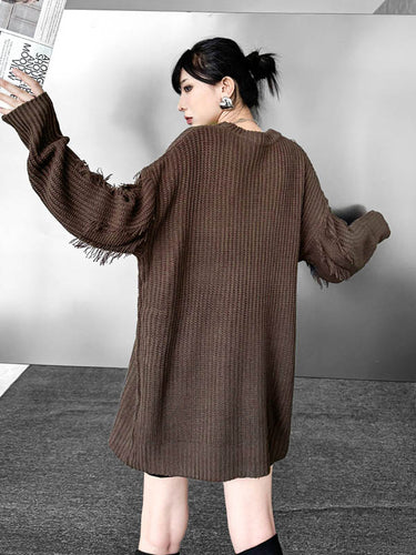 1720242 Irregularity Long Sleeves Abstract Printed Asymmetric Contrast Color Split-Joint Tasseled Round-Neck Sweater Tops