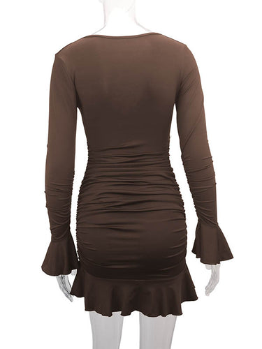 1726379 Bodycon Elasticated Waist Pleated Ruffled Solid Color Split-Joint V-Neck Midi Dresses