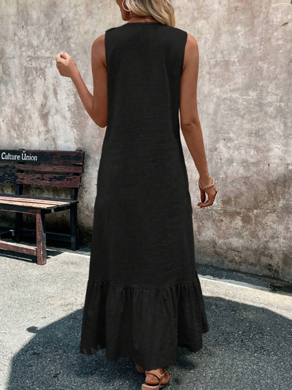 A-Line High Waisted Pleated Ruffle Trim Solid Color Round-Neck Midi Dresses