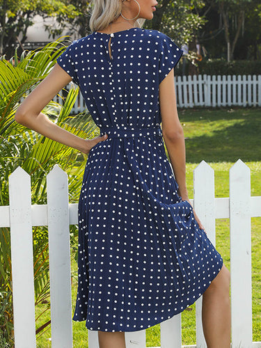 1766450 Vestidos midi linha A manga abotoada cor contraste plissado bolinhas divididas amarradas na cintura gola redonda