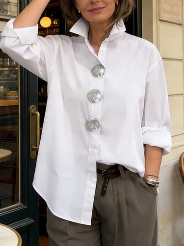 Blouses met lange mouwen, losse pasvorm, knoopsluiting en reverskraag in effen kleur&Shirts Tops