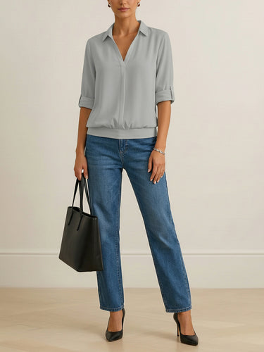 1733985 Half Sleeves Solid Color Split-Joint Lapel Blouses&Shirts Tops