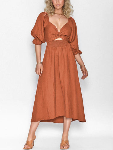 1784376 High Waisted Long Sleeves Elasticity Pleated Solid Color V-Neck Midi Dresses