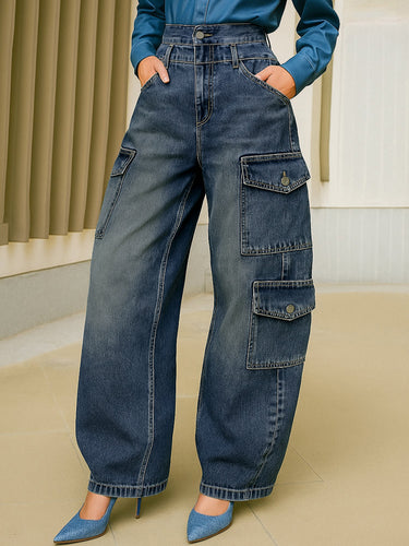 High Waisted Loose Buttoned Pockets Solid Color Split-Joint Jean Pants Bottoms