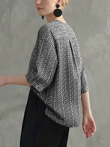 1770649 Long Sleeves Contrast Color Printed Round-Neck Blouses&Shirts Tops