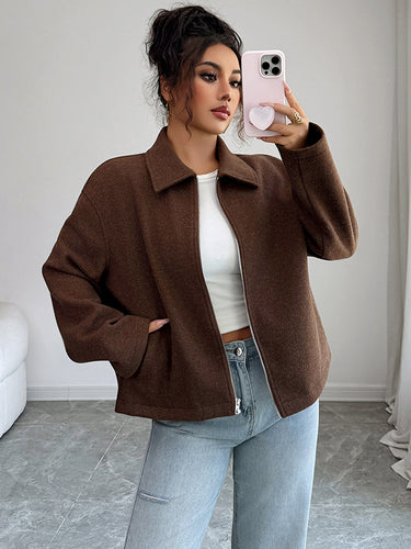 1721777 Long Sleeves Loose Solid Color Zipper Lapel Outerwear