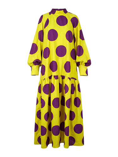 Manga larga Suelta Dobladillo grande Contraste de color Plisado Lunares Dividido Medio cuello alto Vestidos largos