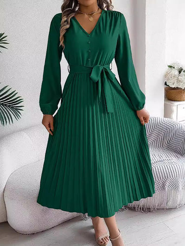 1713843 High Waisted Long Sleeves Belted Buttoned Pleated Solid Color V-Neck Maxi Dresses