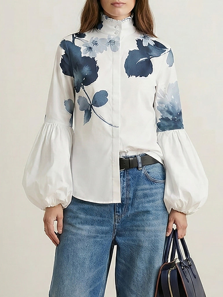 Long Sleeves Buttoned Flower Print Pleated Tied Lapel Collar Blouses&Shirts Tops main image 0
