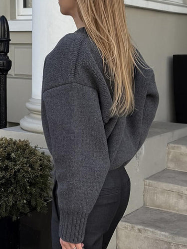 1718951 Long Sleeves Loose Ribs Solid Color V-Neck Sweater Tops