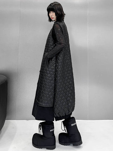 1720336 Loose Sleeveless Buttoned Plaid Pockets Solid Color Split-Joint Notched Collar Outerwear Padded Vest