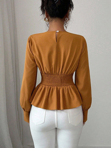 1737271 Elasticated Waist High Waisted Asymmetric Pleated Ruffled Solid Color Round-Neck Blouses&Shirts Tops