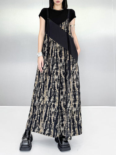 1719689 Loose Sleeveless Asymmetric Contrast Color Printed Split-Joint Spaghetti-Neck Overalls
