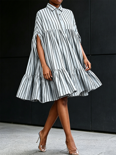 1781114 A-Line Batwing Sleeves Buttoned Contrast Color Pleated Ruffle Trim Split-Joint Striped Lapel Midi Dresses