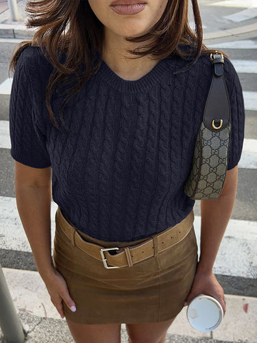 1730863 Short Sleeves Solid Color Split-Joint Round-neck Pullovers Sweater Tops