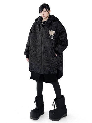 1720054 High-Low Irregularity Abstract Printed Contrast Color Split-Joint Zipper Hooded Outerwear Overcoat