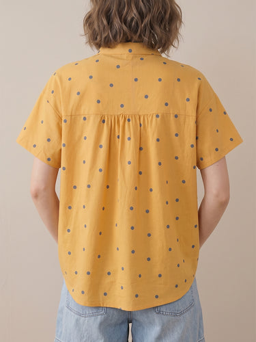 1783947 Loose Plus Size Buttoned Contrast Color Pockets Polka Dot Lapel Blouses&Shirts Tops