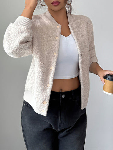 1725214 Long Sleeves Buttoned Elasticity Pockets Solid Color Collarless Jackets&Coats