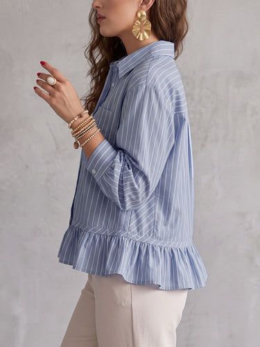 1788197 Striped Split-Joint Ruffle Trim Pockets Contrast Color Buttoned Loose Long Sleeves Lapel Blouses&shirts Tops