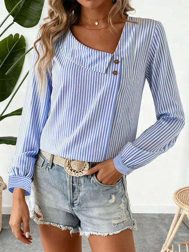 Blouses met lange mouwen, knoopsluiting, splitnaad en asymmetrische gestreepte kraag&Shirts Tops