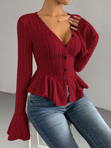 1737290 Flared Sleeves Long Sleeves Buttoned Ruffled Solid Color Split-Joint Deep V-Neck T-Shirts Tops