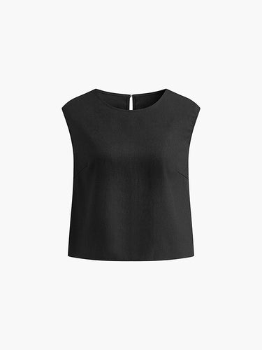 1665635 Loose Short Sleeves Hollow Solid Color Split-Joint Round-Neck Vest Top