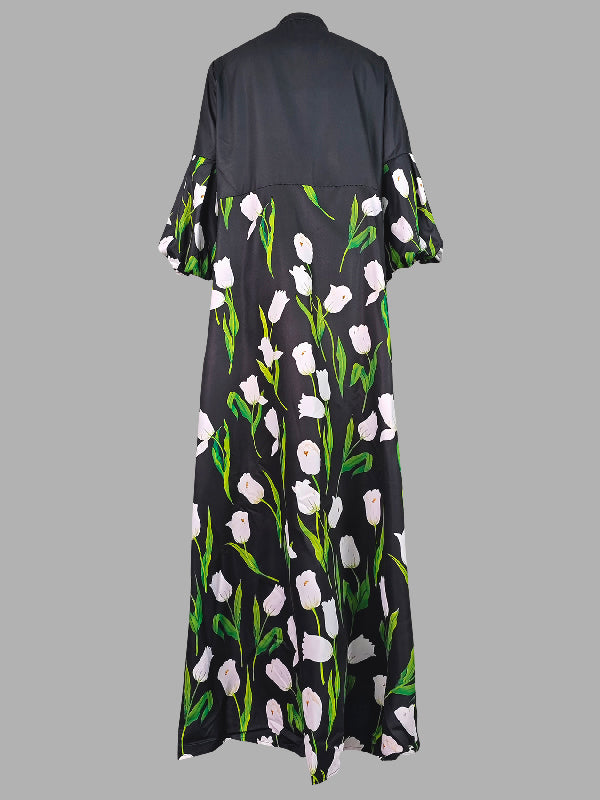 Long Sleeves Loose Buttoned Drawstring Flower Print Split-Joint Collarless Trench Coats