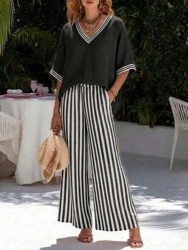 1776230 Half Sleeves Loose Contrast Color Pockets Striped V-Neck Blouses Top + Pants Bottom Two Pieces Set