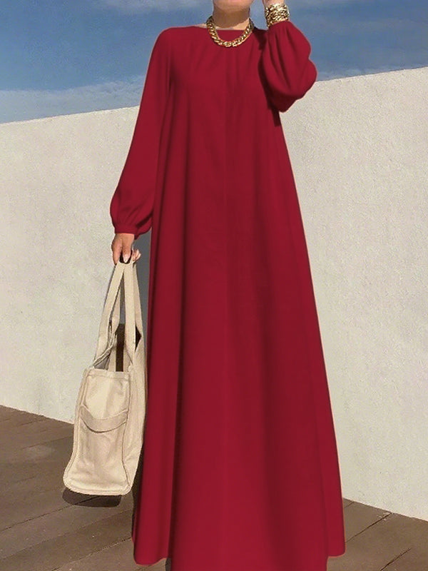 uoozee dresses Long Sleeves Loose Pleated Solid Color Zipper Round-Neck Maxi Dresses –  Uoozee official