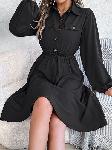 1756178 A-line Long Sleeves Buttoned Pleated Solid Color Tied Lapel Midi Dresses Shirt Dress