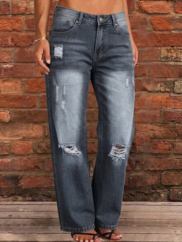 1781295 High Waisted Wide Leg Buttoned Hollow Pockets Split-Joint Jean Pants Bottoms