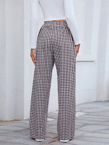 1748492 Elasticated Waist High Waisted Contrast Color Plaid Pockets Split-Joint Pants Trousers