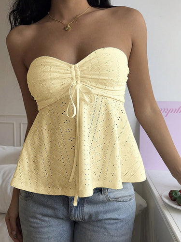 1752123 Skinny Sleeveless Backless Hollow Pleated Solid Color Split-Joint Tied Tube Vest Top
