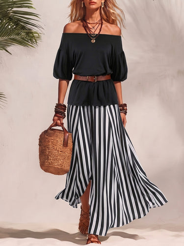 1785787 Half Sleeves Solid Color Off-The-Shoulder T-Shirts Tops + Belted Contrast Color A-Line Striped Skirts Bottoms Two Pieces Set