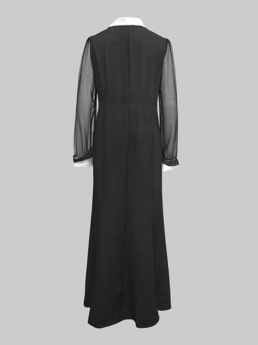 1654548 Long Sleeves Buttoned See-Through Solid Color Split-Side Lapel Maxi Dresses Shirt Dress