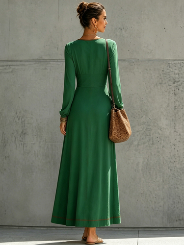 1784554 A-Line High Waisted Pockets Solid Color Zipper Deep V-Neck Maxi Dresses