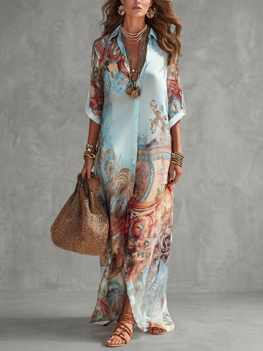 Long Sleeves Loose Buttoned Contrast Color Pockets Printed Lapel Maxi Dresses Shirt Dress
