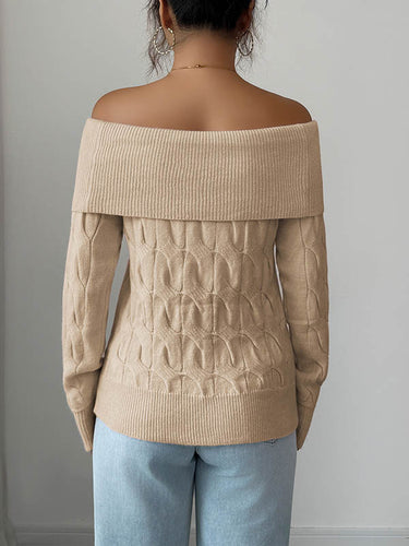 1724619 Long Sleeves Solid Color Split-Joint Off-The-Shoulder Pullovers Sweater Tops