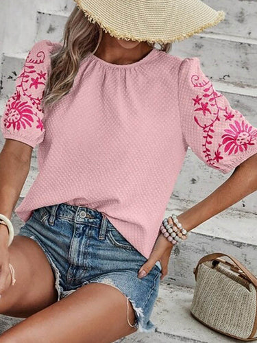 1753194 Loose Short Sleeves Bow-Embellished Contrast Color Split-Joint Round-Neck Blouses&Shirts Tops