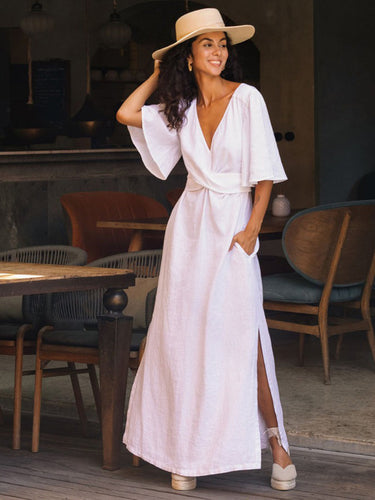A-Line Flared Sleeves Interlace Pleated Pockets Solid Color Split-Joint Split-Side Deep V-Neck Maxi Dresses