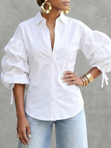 1779209 Loose Puff Sleeves Buttoned Solid Color Tied Lapel Blouses&Shirts Tops