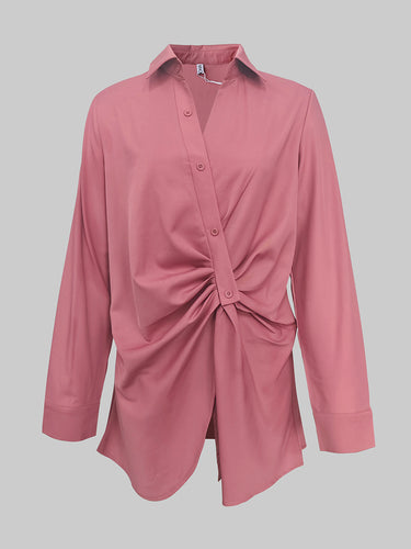 Long Sleeves Wrap Asymmetric Knot Pleated Lapel Blouses&Shirts Tops